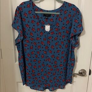 Premise Blue Floral V-Neck Ruffle Sleeve Blouse